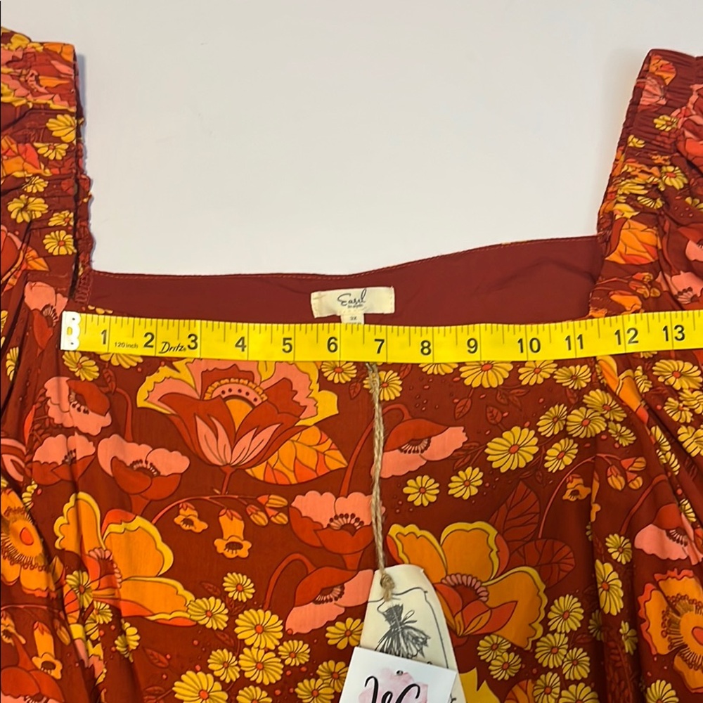 Easel Los Angeles Floral Long Sleeve Red and Orange Square Neck Longsleeve Sz 3X - Picture 7 of 10